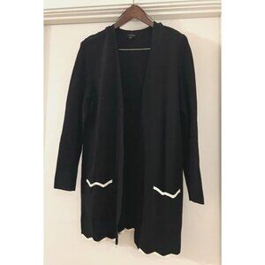 Talbots Long Black Cardigan‎ Open Front Scalloped White Trim Women Large Basic